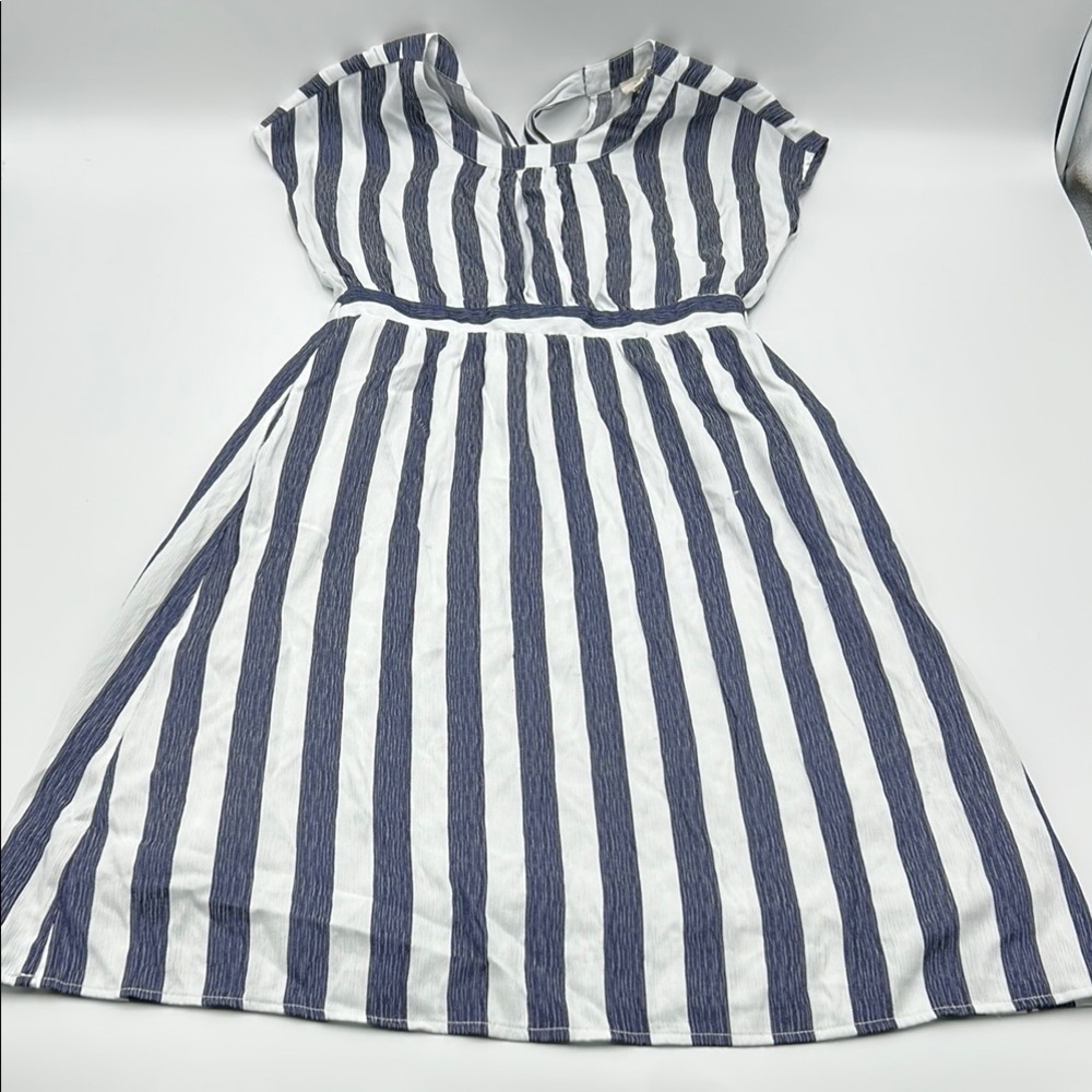 Orange Creek Women's Stripe Midi Dress Small Blue White Belted Sheath dress